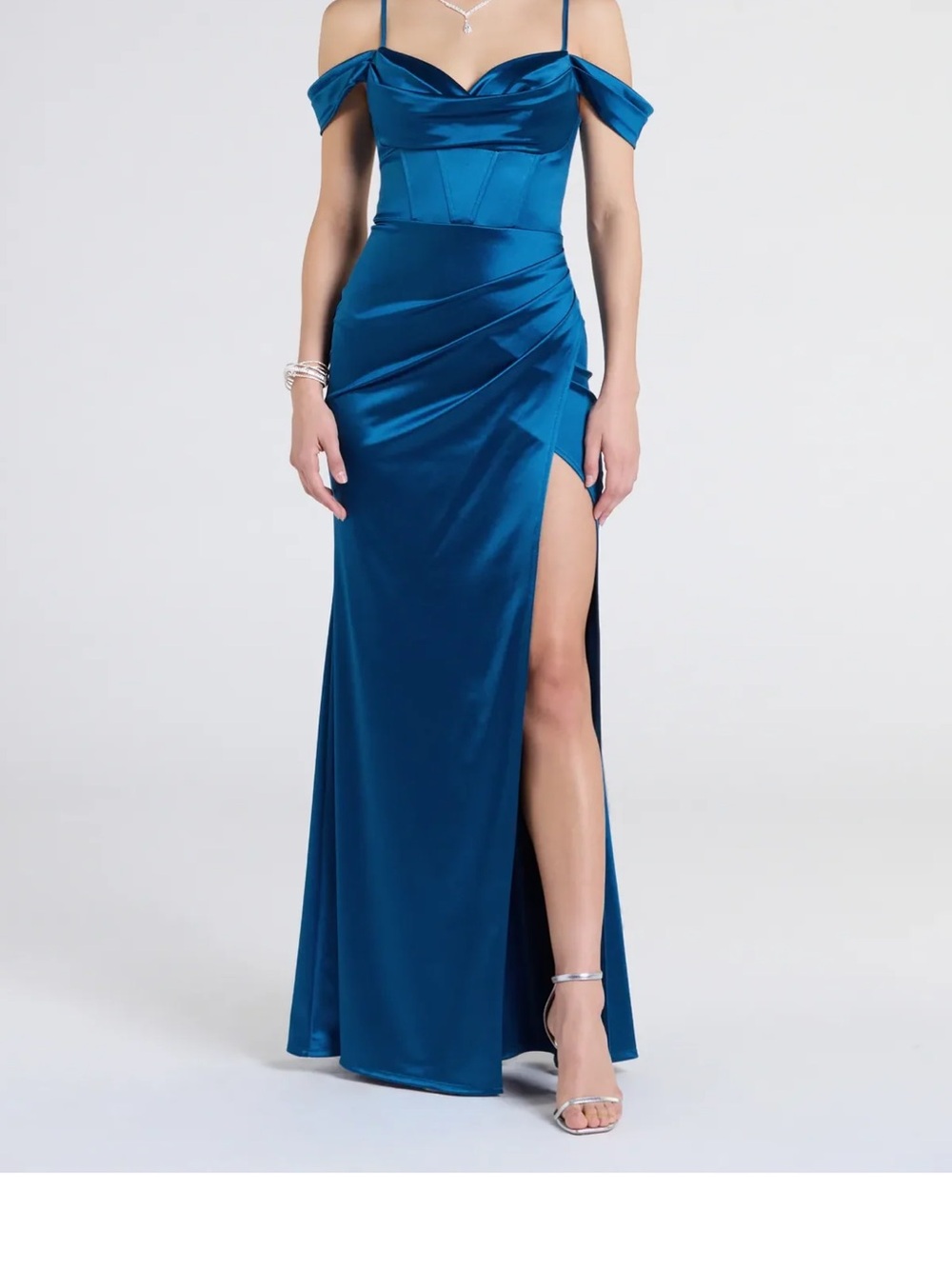 Trista Off-the-Shoulder Slit Satin Formal Dress with Bodice in Teal (NWT)
